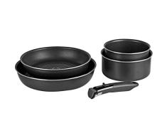 Sitram, Batería de cocina de aluminio prensado, juego de 5 piezas, 2 sartenes Ø 16-18 cm, 2 sartenes Ø 24-28 cm, 1 mango extraíble, todos los fuegos, incluida inducción 712762, color negro