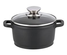 ELO Cacerola de cocina inducción aluminio fundido alta, 16cm. ALUCAST, con fondo encapsulado y tapadera de cristal, color negro, transparente y plateado, 16x8,5cm,1ud.
