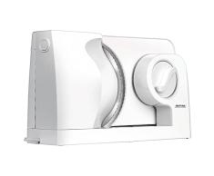 MPM MKR-05 Cortafiambres Eléctrico Plegable, Loncheador Rebanador de Pan, Grosor de Corte Ajustable hasta 15mm, Protector de Dedos, Disco Corte de Acero Inoxidable 17 cm, 150W, Blanco