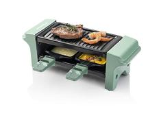 Bestron Raclette para 1 a 2 personas, mini barbacoa de mesa con dos sartenes y dos raspadores de madera, 350 W, color verde/negro