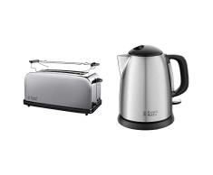 Russell Hobbs Tostadora Adventure 2 Ranuras Largas y Anchas para 4 Rebanadas, Acero Inoxidable Mate 23610-56 + Hervidor de Agua Eléctrico Adventure 1 litro, Hervidor Pequeño, Inox. 24991-70