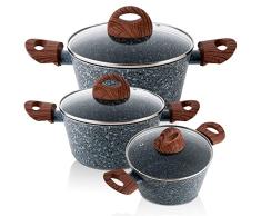 FLORINA Granite Batería Cocina Inducción, Set Cazuelas 20-24-28cm Aluminio, Tapas de Cristal, Antiadherente Ecológico Granito sin PFOA, Asas Imitación Madera, Vitrocerámica, Gas, Gris (1P0160-161-162)