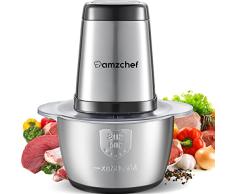 AMZCHEF Picadora Eléctrica, 2 velocidades, 500 W máx picadora de alimentos con cuenco de acero inoxidable 1,5L, 4 cuchillas de acero inoxidable, picadora múltiple para cebolla, verduras, carne