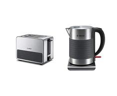 Bosch TAT7S25 Tostador compacto, 2 ranuras, 1050 W, color gris + TWK7S05 Hervidor de agua de acero inoxidable y silicona antideslizante, 2200 W, capacidad de 1.7 litros