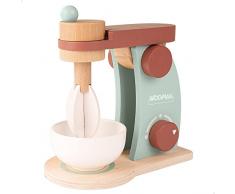 WOOMAX 49547 - Batidora juguete de madera para niños con accesorios / Incluye 2 tostadas, 1 huevo frito, 1 trozo de mantequilla, 1 cuchillo y 1 plato / Accesorios de cocina para niños y niñas