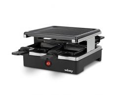 Wëasy LUGA40 Raclette Grill 4 Personas, Superficie de 30x30cm, 6 Sartenes Individuales, Placa Antiadherente, Apto para Lavavajillas, Negro, 600 W