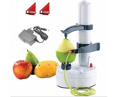 Pelador Eléctrico de Frutas Pelamatic - Pela Patatas, Manzanas, Peras, Mangos, Pepinos, etc. con Adaptador de Corriente, 2 Hojas Adicionales, Diseño Seguro, Metálico