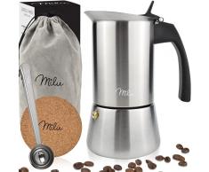 Milu Cafetera Italiana inducción| 2, 4, 6, 9 Tazas | Cafetera Moka de Acero Inox, Expresso Maker - Set comprensivo di sottobicchiere, cucchiaio, spazzola (6 tazze da 300 ml)
