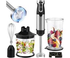 Huntertall kitchen Juego de batidora de mano 4 en 1, de acero inoxidable, 1000 W con función turbo, velocidad sin niveles, cuchillo de 4 aspas, vaso mezclador de 700 ml, picadora, ergonómico