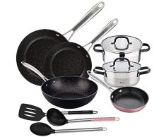 Batería de cocina con: cacerolas 20x8.5 y 24x10.5 cm con tapas, acero inoxidable, inducción, y sartenes 16x4.0, 20x5.0, 28x6.0 y wok 28x8.0 cms, al
