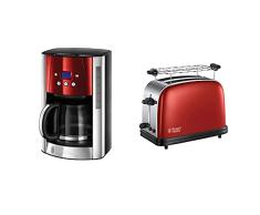 Russell Hobbs Luna - Cafetera de Goteo (Jarra Cafetera de Cristal para 12 Tazas, 1000 W, Rojo) - ref. 23240-56 + Colours Plus 23330-56 – Tostadora