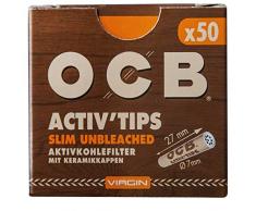 OCB 18656 ActivTips Slim - Filtros de carbón activo virgen de 7 mm con tapas de cerámica (2 paquetes de 50 unidades, papel)