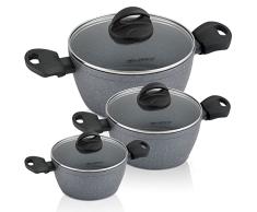 FLORINA Lava Stone Batería Cocina Inducción, Set Cazuelas 20-24-28 cm Aluminio, 6 Piezas, 3 Ollas Altas, Tapa de Cristal, 5 Capas Antiadherente Ecológico Piedra de Lava sin PFOA, Vitrocerámica, Gas