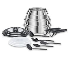Lagostina Ingenio Inox, Juego de ollas y sartenes para inducción, acero inoxidable 18/10, color gris, 20 unidades