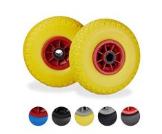 Relaxdays Set de Dos Ruedas de Carretilla, Resistente a Golpes, 3.00-4, Eje 25mm, hasta 80 kg, 260x85 mm, Amarillo-Rojo