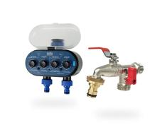 Aqua Control C4011 - Programador de Riego para Jardín - para Todo Tipo de Grifos - con 2 Salidas Independientes + Control G6354 Grifo de Jardín Premium de Doble Salida 1/2 - 3/4