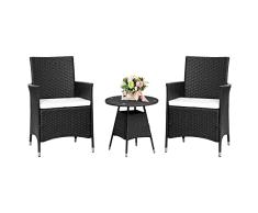 Ribelli Muebles de jardín 3 Piezas, Juego de salón, Cojines de Color Crema - de Mimbre PE - Mesa y Dos sillas - práctico para Guardar, Color:Negro/Crema