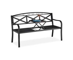 Relaxdays Banco Jardín con Mesa Plegable, 3 Plazas, Estable, Robusto, Asiento Metálico, Balcón, 87,5 x 150 x 56cm, Negro