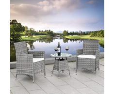 Ribelli Muebles de jardín 3 Piezas, Juego de salón, Cojines de Color Crema - de Mimbre PE - Mesa y Dos sillas - práctico para Guardar, Color:Gris/Crema