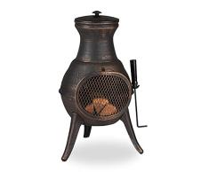 Relaxdays Chimenea Exterior, Estufa Jardín con Atizador, 71,5x39x35 cm, Brasero Terraza Hierro Fundido, Negro y Bronce, Acero aleado