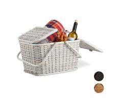 Relaxdays Cesta de Picnic, Ratán Trenzado, Interior de Tela, Asas y Tapa, Hecho a Mano, Blanco, 25 Liter
