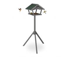 Relaxdays Comedero Pájaros con Trípode, Casa Aves, Alimentador Gorriones de Pie, 139x70x60cm, Tejado, Madera, Gris/Verde