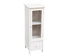 ESTANTERÍA PEQUEÑA - 1 Cajon-Estantería de Madera Blanca con Armario de Cristal y un cajón con líneas Verticales. Ideal para Decorar el baño del hogar. (31×29×83)