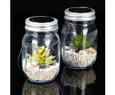 Relaxdays Faroles Led Jardín, Set 2 Luces Solares, 4 LED, Sensor Crepuscular, Lámpara Exterior e Interior, Transparente