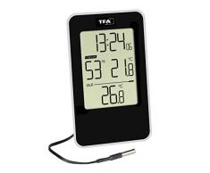 TFA Dostmann 30.5048.01 - Termómetro higrómetro Digital con Hora, para Interior y Exterior, con Sensor de Cable Impermeable, Color Negro, (Largo) 72 x (Ancho) 16 (49) x (Alto) 121 mm