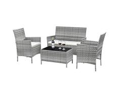 Ribelli Juego de Muebles de jardín 4 Piezas, Juego de salón, Cojines de Color Crema - de Mimbre PE - Mesa más Dos sillas y un Banco - práctico para Guardar (4 Piezas de Gris/Crema)