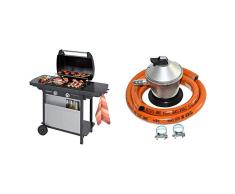 Campingaz 2 Series Classic LX Vario Barbacoa a Gas, BBQ con 2 Quemadores, 7.5 KW, Plancha y Parrilla de Acero Estampado + S&M 321771 Regulador de Gas Butano Goma M + 2 Abraz, Gris/Naranja