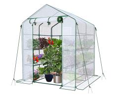 VOUNOT Invernadero de Jardín 143x143x195 cm Vivero Casero Plantas Cultivo con Puerta Enrollable y Ventana, Invernadero Huerto Caseta de Jardín 8 Estantes para Plantas Macetas Flores, Blanco
