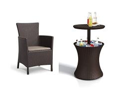 Keter Iowa Sillón De Exterior E Interior con Cojín Incluido, Marrón + Pacific Cool Bar Mesa Nevera para Jardín, Color Marrón