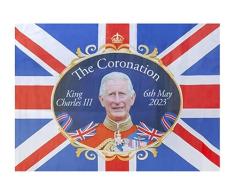 Bandera de la Coronación Británica – 85 cm x 60 cm rayón bandera con diseño del Rey Carlos III – Decoración de fiesta de la Coronación del Reino Unido