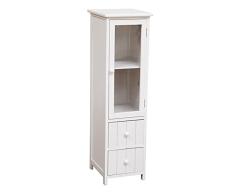 ESTANTERIA PEQUEÑA - 2 CAJONES-Estantería de Madera Blanca con Armario de Cristal y Dos cajones con líneas Verticales. Ideal para Decorar el baño del hogar. (28×32×98 ) 28×32×98
