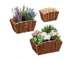 Relaxdays Set de 3 Macetas, Madera Natural con Corteza, Jardín, Terraza y Alféizar, Decoración para Plantar, Marrón