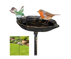 Relaxdays Bebedero Pájaros Hierro Fundido, con Estaca, Bañera Gorriones Exterior Estilo Retro, Comedero, 1m Alto, Bronce