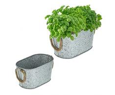 Relaxdays Set 2 Macetas, Maceteros Aspecto Martillado, Jardineras Decorativas Hierro 2 Tamaños, Asas de Jute, Plateado