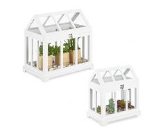 Relaxdays Mini Invernadero, Set de 2, Decorativo, para Ventana, Invernadero de Interior, Vidrio y Madera, Flores, Blanco