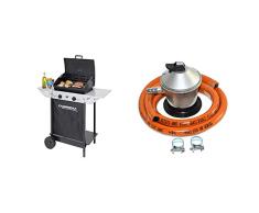 Campingaz Xpert 100 L Plus Rocky Barbacoa Gas para Piedra Volcanica, BBQ gas con 2 quemadores, 7.1kW de potencia + S&M 321771 Regulador de Gas Butano Goma M + 2 Abraz, Gris/Naranja, 1,5 metros de tubo