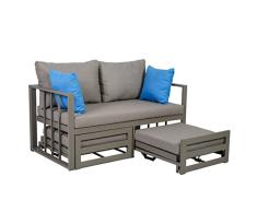 greemotion Sofá Multifuncional Nassau con Taburete, Sofá Exterior con Marco de Alumiunio, Sofá de Jardín de 2 Plazas con Cojines, Aprox. 134 x 63 x 74 cm, Beige
