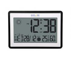 Explore Scientific RDC8002CM3000 - Reloj de Pared o de Mesa controlado por Radio, Fases Lunares, Temperatura Interior y Humedad, Gancho para Pared y Soporte de Escritorio, Color Negro