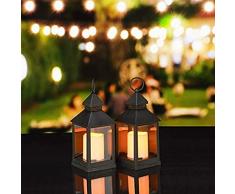 Relaxdays Set de Dos faroles LED de jardín, Vela con Efecto de Llamas, Iluminación de Exterior, Colgante o de pie, 23 cm, Negro