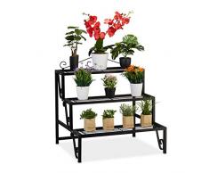 Relaxdays Escalera Plantas de Metal, 3 Pisos, Exterior e Interior, Estantería Flores con Adornos, 69 x 70 x 60 cm, Negro