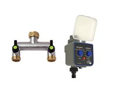 S&M 551352 - Grifo Doble de Jardín Hembra, Salida 2 Vías Macho 3/4%22, Cromado & 590054 Programador de grifo a pilas para riego automático de una salida H-M 3/4%22, Color Gris y Negro