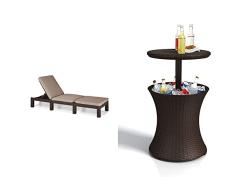 Keter Daytona Deluxe Tumbona de Jardín, Color Marrón & Pacific Cool Bar - Mesa Nevera para jardín, Color Marrón