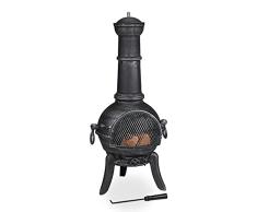 Relaxdays Chimenea Exterior, Estufa Terraza, Atizador, Hierro Fundido, Protección Antichispas, 112x46x48 cm, Plateado