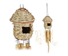 Relaxdays Campana de Viento, Set 2, Bambú y Paja, Carrillón, Interior y Exterior, Casita, 67,5 x 13,5 cm, Marrón Natural
