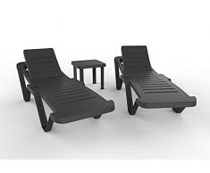RESOL Master Set 2 Tumbonas y 1 Mesa Auxiliar Andorra | Conjunto Tumbona Exterior con Ruedas Apilable con Respaldo Ajustable | Muebles de Jardín Exterior con Protección UV - Color Gris Antracita