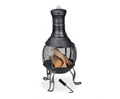 Relaxdays Brasero de jardín, Atizador, Rejilla Protectora, Chimenea de Exterior, 89 cm, 1 Ud, Gris